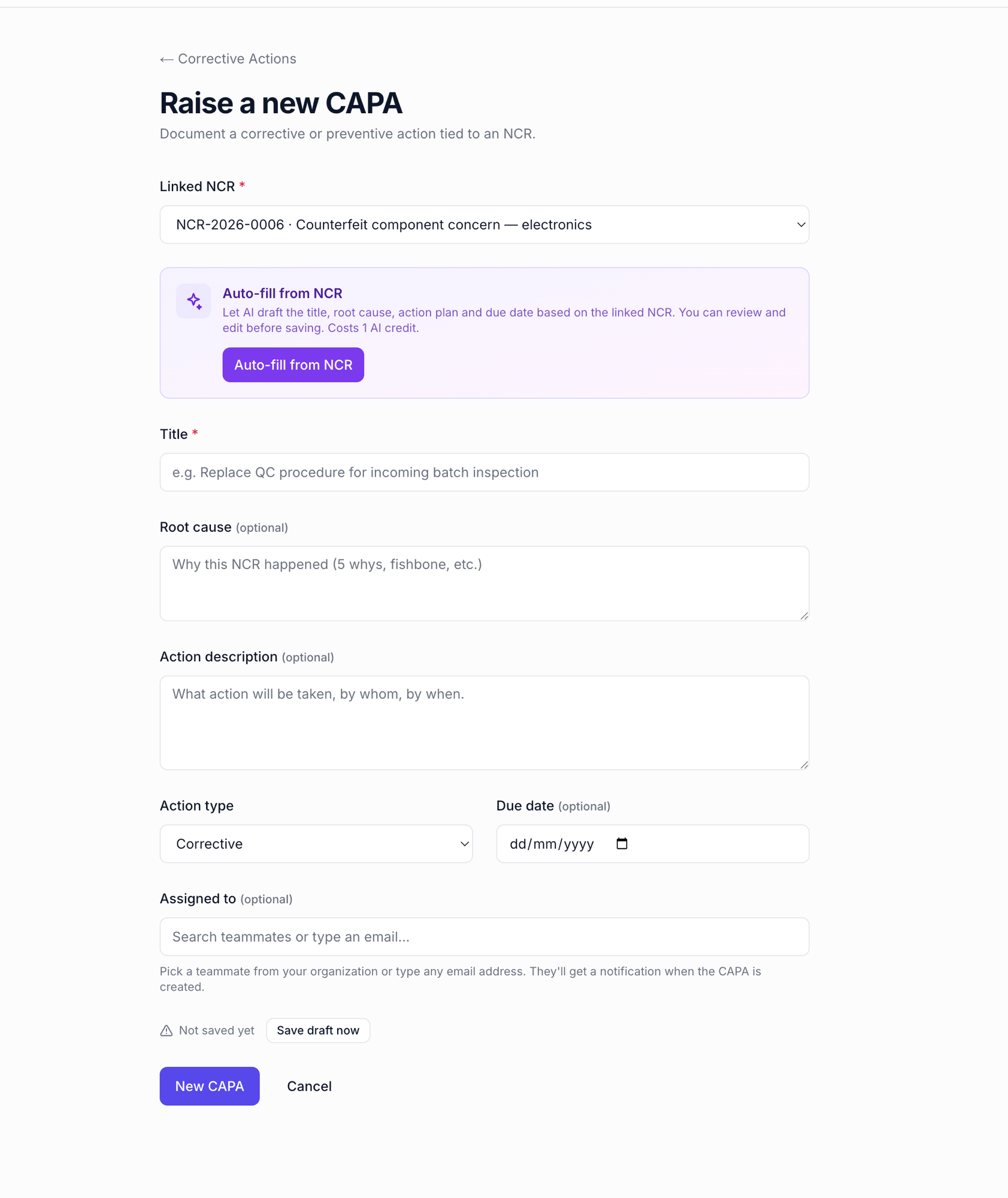 Empty CAPA form with the Auto-fill from NCR AI panel