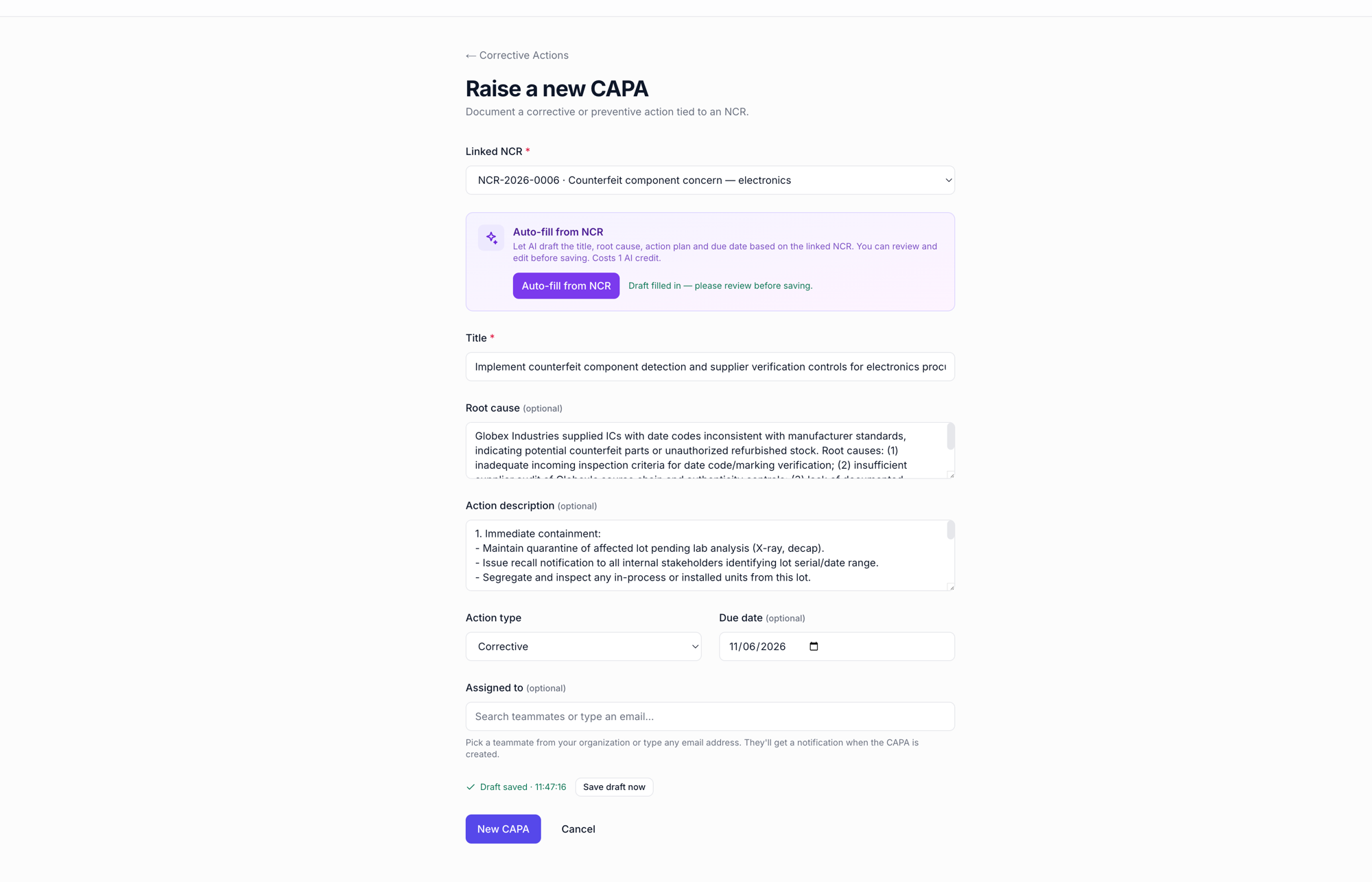 CAPA form filled in by AI — title, root cause and action plan ready to review